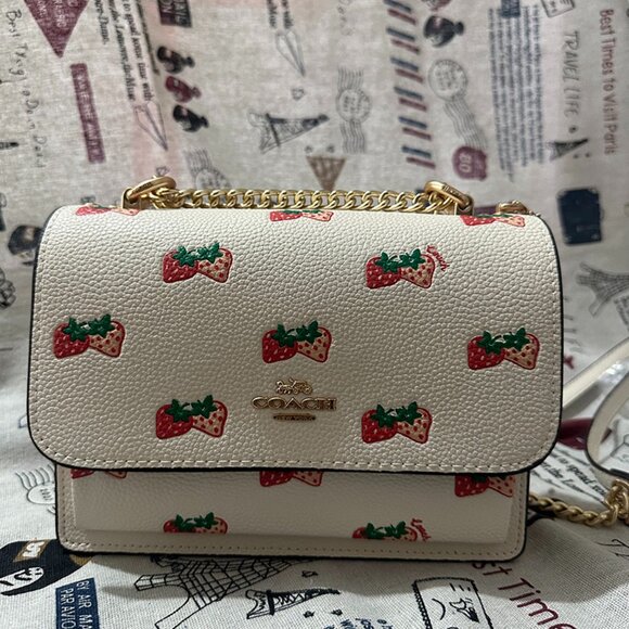 Coach Strawberry Print White Flap Shoulder Bag - Picture 1 of 9